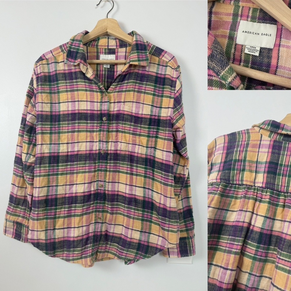 American Eagle Plaid Flannel‎ Boyfriend Shirt Long Sleeve Button Up Women Large